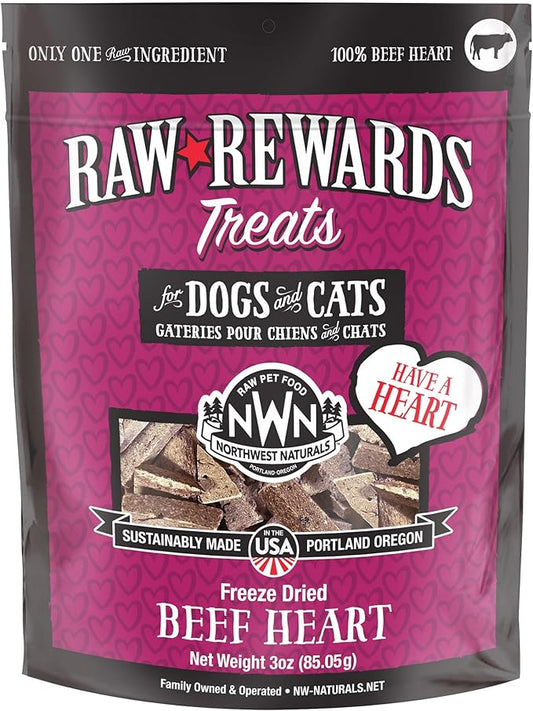 Northwest Naturals Raw Rewards Freeze-Dried Beef Heart Treats for Dogs and Cats - Bite Sized Pieces - Grain Free - 1 Ingredient - Healthy - Human Grade - All Natural - USA Made - 3 Oz