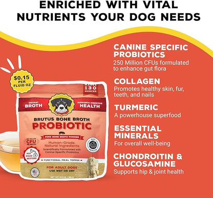 Brutus Bone Broth Probiotic Meal Toppers for Dogs Mega Pack (Pork) - Bone Broth Powder Fortified with Canine Probiotics - Dog Food Toppers for Dry Food - Makes 130oz of Liquid Bone Broth