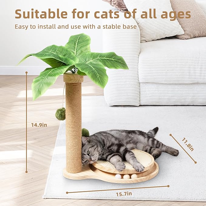 Meowoou Cat Scratching Post Cat Scratcher Interactive Toy with Dangling Ball for Indoor Kitten Large Base Wooden Ball Track 17.7" Tall Modern Sisal Scratch Pole