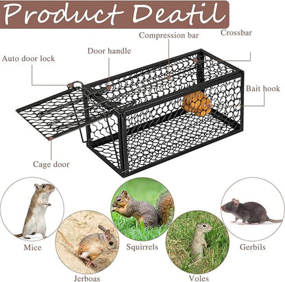 Qualirey 4 Pcs Humane Rat Trap Chipmunk Rodent Mouse Squirrel Trap Small Live Animal Mouse Voles Hamsters Live Cage Rat Cage for Mice Easy to Catch and Release (Black)