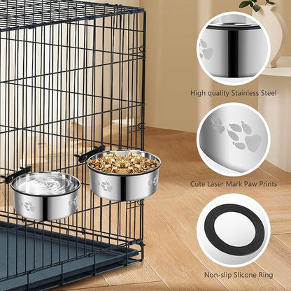 2 Pack Dog Crate Water Food Bowl No Spill,2-in-1 Hanging Dog Bowls for Kennel,Dogs Crate Water Feeder Dish,Stainless Steel Kennel Dogs Bowls Mountable with Non-Slip Bottom for Cats Bunny Ferret Bird
