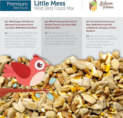 Schoen Farms Little Mess Wild Bird Food Mix – 10 lb Bag – No-Waste Seed Blend with Sunflower Hearts & Millet – Clean Backyard Feed for Finches, Jays & Cardinals