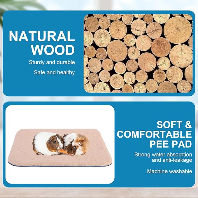 PAWCHIE Wooden Guinea Pig Hideout with Pee Pad Set, Detachable Small Animal House Bed Hut Habitats with Stairs and Windows, Bunny Hideout Castle for Indoor Hamsters Chinchilla Gerbil Playing Hiding