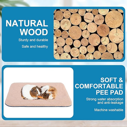 PAWCHIE Wooden Guinea Pig Hideout with Pee Pad Set, Detachable Small Animal House Bed Hut Habitats with Stairs and Windows, Bunny Hideout Castle for Indoor Hamsters Chinchilla Gerbil Playing Hiding