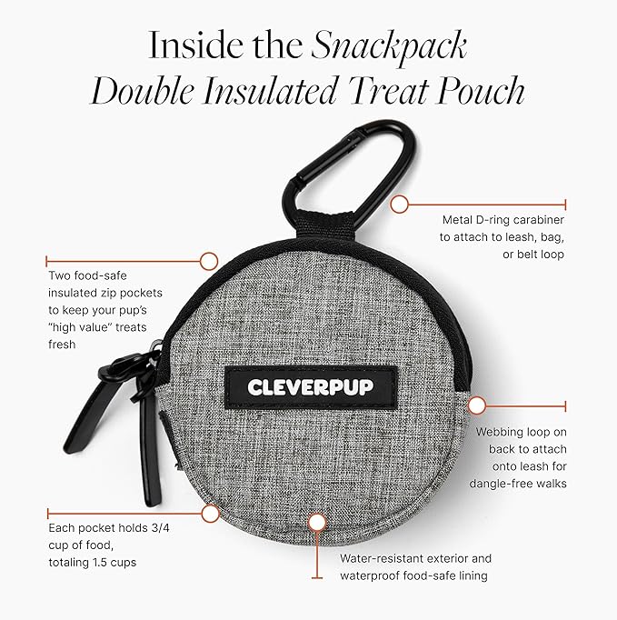 Snackpack Double Insulated Dog Treat Pouch - Holds 1.5 Cups - Dog Training and Walks Snack Bag, Two Pockets for Dry or Wet Treats, Attaches to Leash, Belt, or Bag - Heather Grey