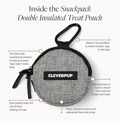 Snackpack Double Insulated Dog Treat Pouch - Holds 1.5 Cups - Dog Training and Walks Snack Bag, Two Pockets for Dry or Wet Treats, Attaches to Leash, Belt, or Bag - Heather Grey