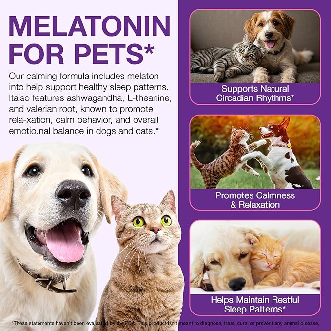 Melatonin for Pets, Dog Melatonin, Melatonin for Dogs Calming, Melatonins for Cats, Promotes Relaxation, Deep Sleep & Calm Behaviour, Reduce Anxiety and Stress, Chicken Flavor - 2Oz