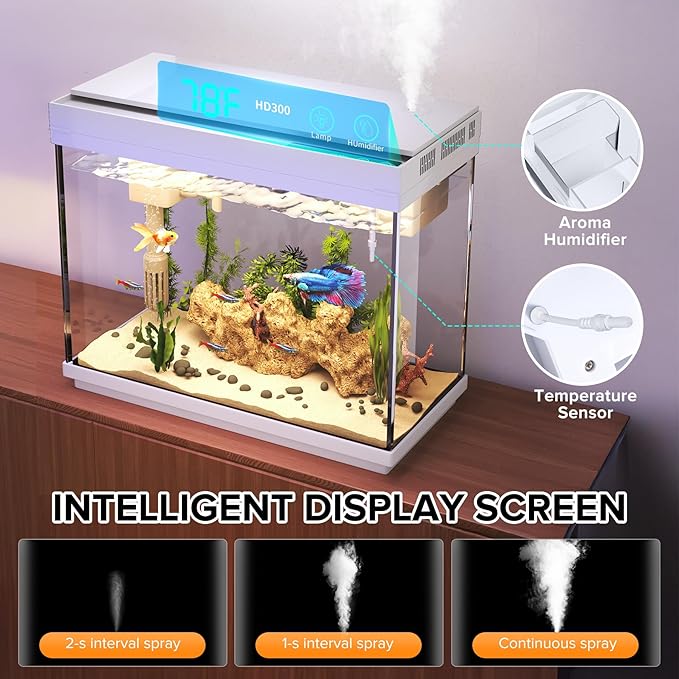 Aquarium, 2.4 Gallon Betta Fish Tank with Heater, Humidifier 3 in 1 Pump - Filteration & Oxygenation & Circulation, Temperature Display, HD Glass, Timed 7-Color Lights