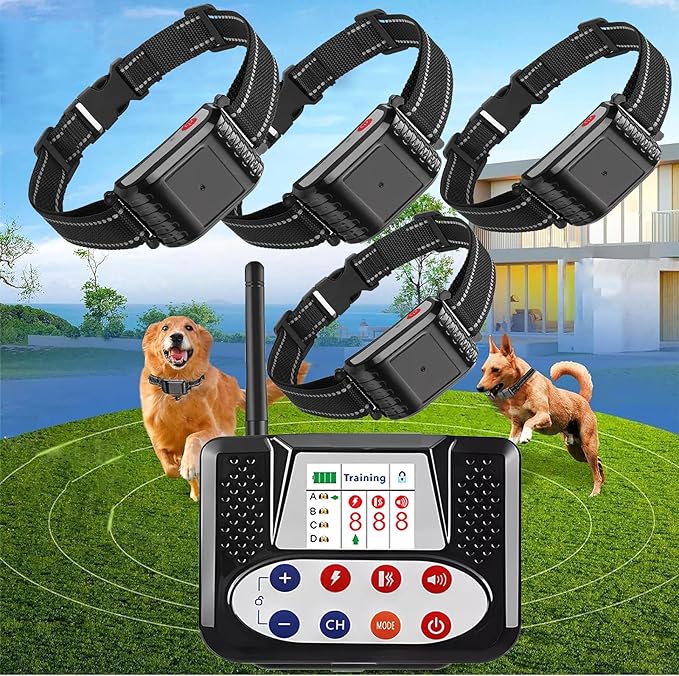Wireless Dog Fence & Dog Training Collar 2 in 1, Electric Pet Boundary Container with Remote, Waterproof Receiver, Vibrate/Shock, Safe Effective, Stubborn Dog Fence System for Yard,for4dogs