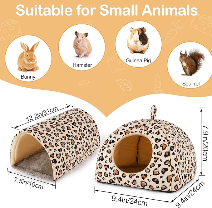 Bienbee Guinea Pig Hideout, Washable Rabbit Bed with Guinea Pig Tunnel, 2 Pack Guinea Pigs Toys Set Bunny Hideout Cage Accessories for Hamster Ferret Rabbits Bunny, Light Khaki Leopard
