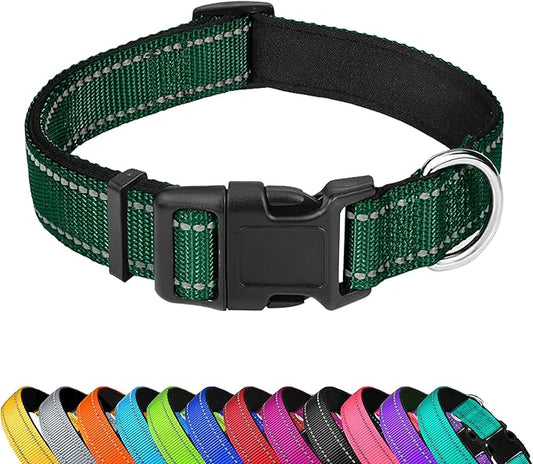 Reflective Dog Collar, Adjustable Soft Neoprene Padded Nylon Pet Collars with Buckle for Medium Dogs, Dark Green,M