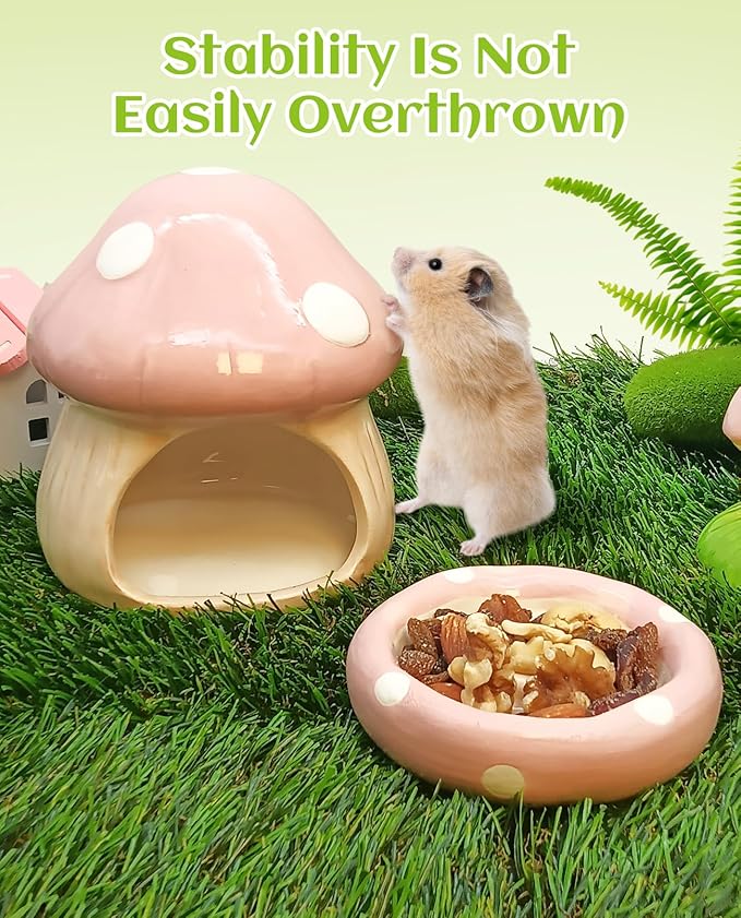 BNOSDM Ceramic Hamster Hideout and Food Bowl Set Cute Mushroom Shape Hamster House and Habitat Cool Hamsters Hide Suitable for Syrian, Mice, Dwarf Hamsters, Gerbils (Pink)