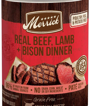 Merrick Grain Free Premium And Natural Canned Dog Food, Soft And Healthy Wet Recipe, Real Beef Lamb And Bison - (Pack of 12) 12.7 oz. Cans