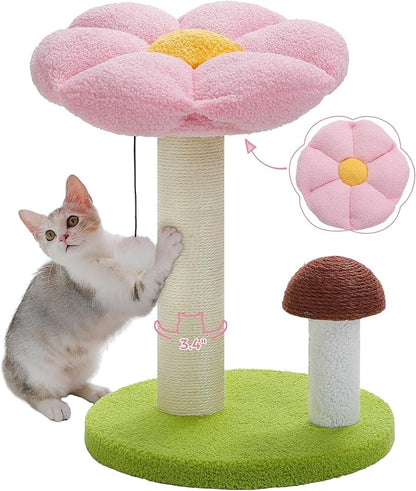 PETEPELA Cat Scratching Post, Mushroom Cat Scratcher Cute Cat Tree Tower with Thick Scratching Post & Removable Flower Cats Bed [Dia=15.7''], Tall Post for Kittens and Indoor, Pink