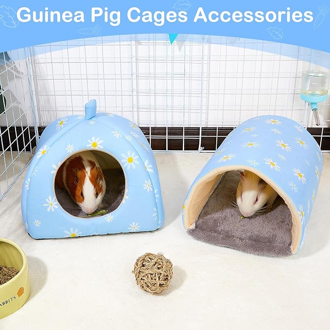 Bienbee Guinea Pig Hideout, Washable Rabbit Bed with Guinea Pig Tunnel, 2 Pack Guinea Pigs Toys Set Bunny Hideout Cage Accessories for Hamster Ferret Rabbits Bunny, Blue Daisy