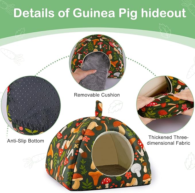 Bienbee Guinea Pig Hideout, Washable Rabbit Bed with Guinea Pig Tunnel, 2 Pack Guinea Pigs Toys Set Bunny Hideout Cage Accessories for Hamster Ferret Rabbits Bunny, Green Mushroom