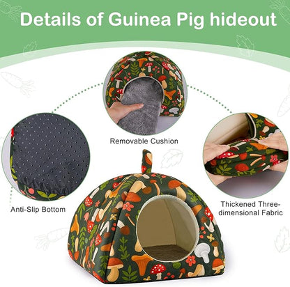 Bienbee Guinea Pig Hideout, Washable Rabbit Bed with Guinea Pig Tunnel, 2 Pack Guinea Pigs Toys Set Bunny Hideout Cage Accessories for Hamster Ferret Rabbits Bunny, Green Mushroom