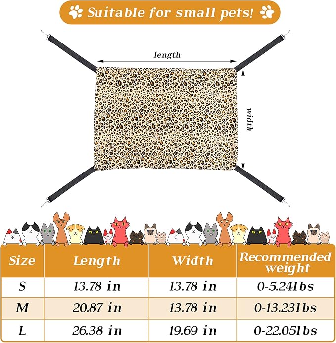 2 Pieces Reversible Cat Hanging Hammock Soft Breathable Pet Cage Hammock with Adjustable Straps and Metal Hooks Double Sided Hanging Bed for Small Dogs Rabbits(Leopard and Dot,S)