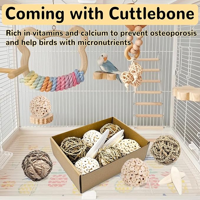 Bird Toys Sola Balls Parakeet Toys Soft Natural Chew Grass Balls with Cuttlebone for Parrots Conures Rabbits Hamster Guinea Pig Chinchilla (Style 1, 10 PCS)