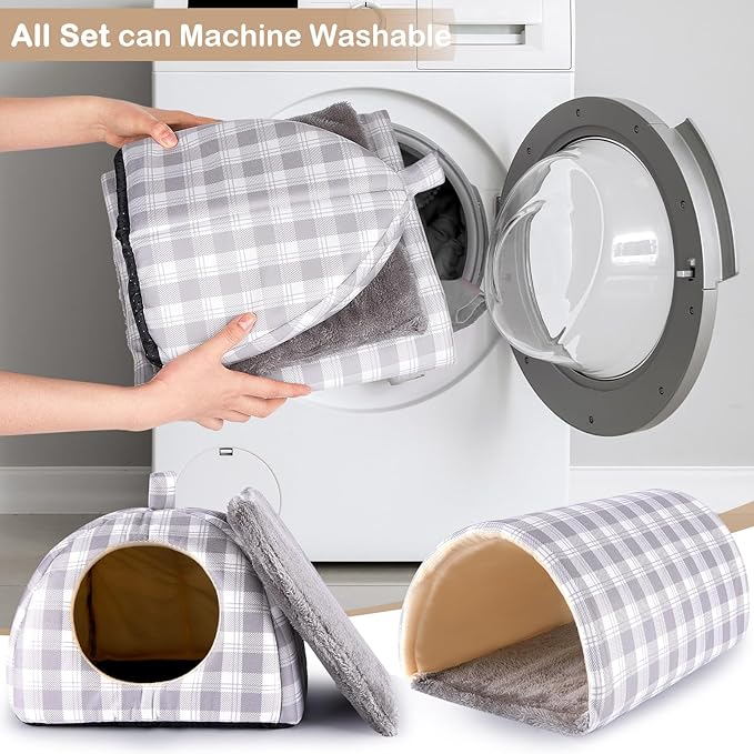 Bienbee Guinea Pig Hideout, Washable Rabbit Bed with Guinea Pig Tunnel, 2 Pack Guinea Pigs Toys Set Bunny Hideout Cage Accessories for Hamster Ferret Rabbits Bunny,Gray Grid