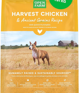 Open Farm, Ancient Grains Dry Dog Food, Protein-Rich & Nutrient Dense, 90% Animal Protein Mixed with Non-GMO Fruits, Veggies and Superfoods, Harvest Chicken Recipe, 4lb Bag