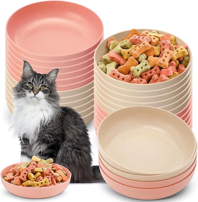 Tioncy 24 Pcs Fatigue Relief Cat Bowl 5.5 Inch Shallow Cat Food Dish Wide and Small Pet Wet Plate Wide Stray Wet Feeding Bowl for Ferrets Feral Short Legged Kitten, Wheat Straw(Pink, Beige,Classic)