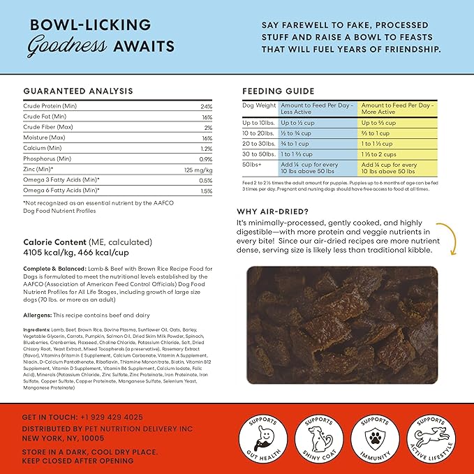The Pets Table Air Dried Dog Food for Dogs Large, Medium and Small with Sensitive Stomachs | Puppy Dog Food, Adult Dog Food, Senior Dog Food | Lamb & Beef with Brown Rice 4.5 lbs / 72 oz Bag