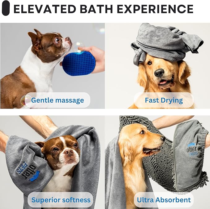 3 Piece Set: 2 Dog Towels and Dog Bath Brush. Dog Shammy and Microfiber Dog Towel. Super Absorbent Towels, Dog Bath Supplies, Dog Scrubber for Bath
