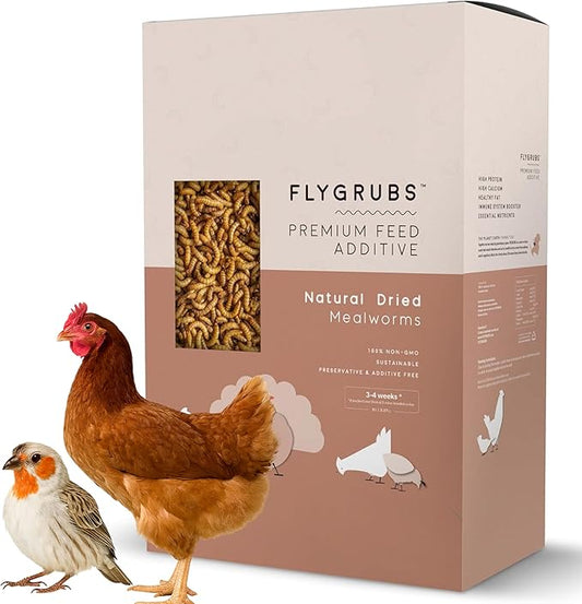 FLYGRUBS 20 lb Dried Black Soldier Fly Larvae – Superior to Mealworms for Chickens–85X More Calcium,Non-GMO,High-Protein Feed & Molting Supplement for Hens, Ducks, Turkeys, Wild Birds, Quails, Turtles
