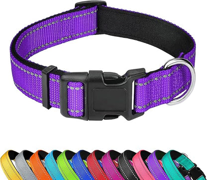 Reflective Dog Collar, Adjustable Soft Neoprene Padded Nylon Pet Collars with Buckle for Large Dogs,L, Purple