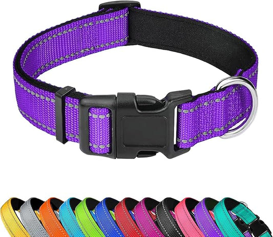 Reflective Dog Collar, Adjustable Soft Neoprene Padded Nylon Pet Collars with Buckle for Large Dogs,L, Purple