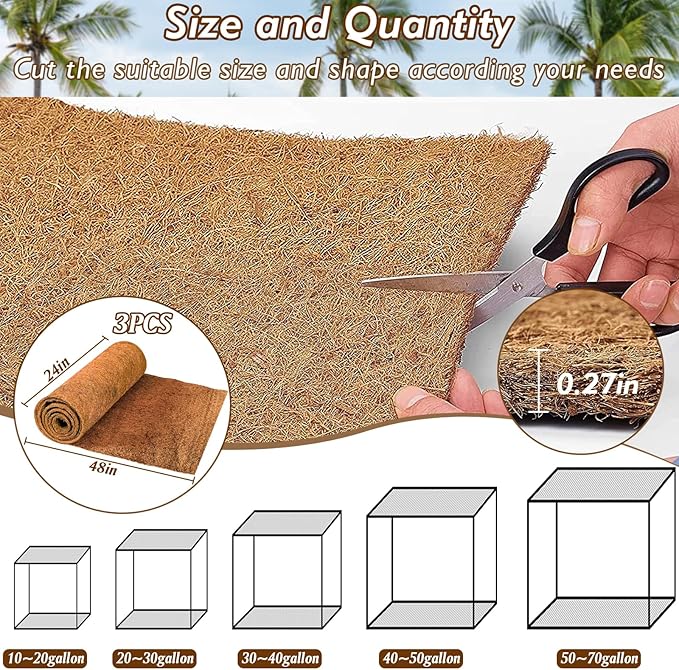 ZeeDix 3 Rolls Coconut Fiber Reptile Substrate Mat, 24 x 48 inches Natural Coco Mat Reptile Carpet Coco Fiber Liner Turtle Bedding Reptile Terrarium Liner for Lizard Snake Turtle Gecko Bearded Dragon