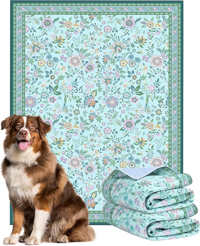 Washable Pee Pads for Dogs 72"x 72", Super Absorbent Boho Reusable Puppy Pads with Colorful Flowers Patterns for Potty Training, Floor, Couch, Bed, and Crate