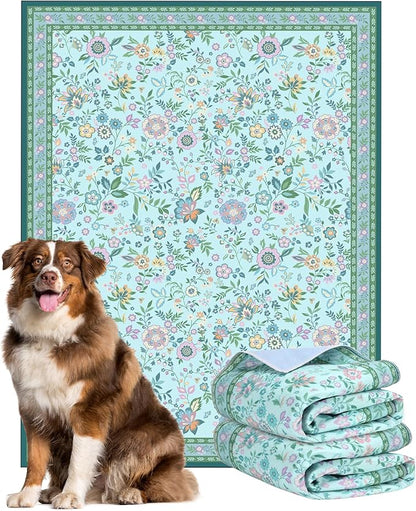 Washable Pee Pads for Dogs 72"x 72", Super Absorbent Boho Reusable Puppy Pads with Colorful Flowers Patterns for Potty Training, Floor, Couch, Bed, and Crate