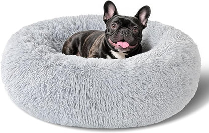 Dog Bed Calming Beds for Small Medium Dogs - Round Donut Washable Dog Bed, Anti-Slip Faux Fur Fluffy Donut Cuddler Anxiety Cat Bed(Light Grey 24")