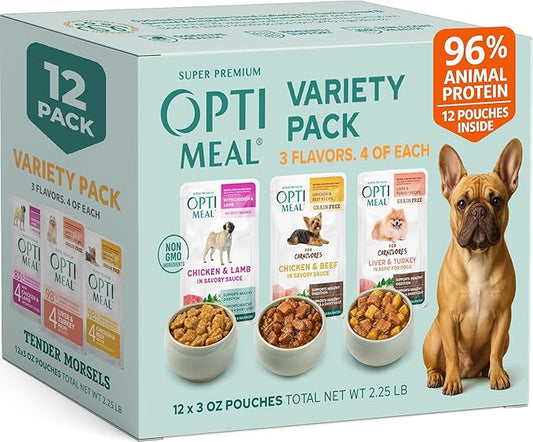 Optimeal Wet Dog Food Variety Pack - Grain Free Recipe High Protein Tender Morsels in Aspic Made with Natural Ingredients for Adult Small Breed Dogs, Premium Nutrition Pouches - 3oz Pouch (Pack of 12)