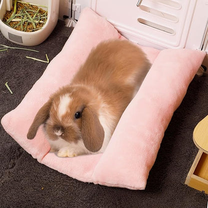 MEWTOGO 15.7 x 14In Rabbit Bed, Thickened Soft Bunny Bed, Cuddle Cushion Plush Mat with Cotton Lounger Pillows, Small Pet Flop Mat for Cage Sleeping Indoor, Pink