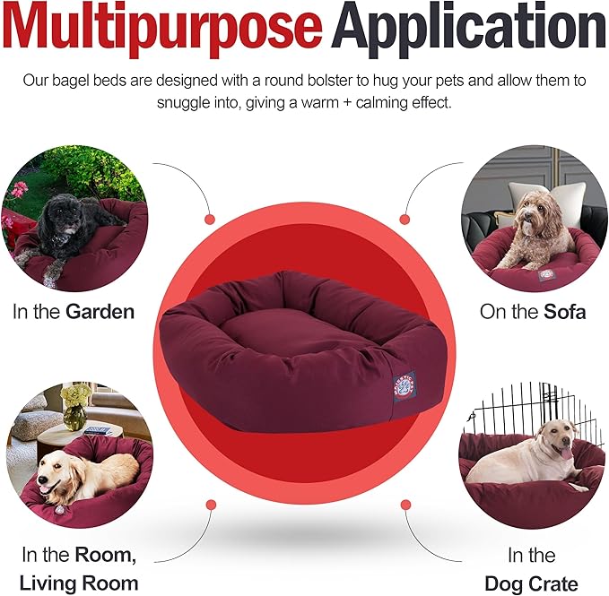 Majestic Pet 52 Inch Bagel Calming Dog Bed Washable – Cozy Soft Round Dog Bed with Spine Support for Dogs to Rest their Head - fluffy donut dog bed 52x35x11 (Inch) - Round Pet Bed X-Large – Burgundy