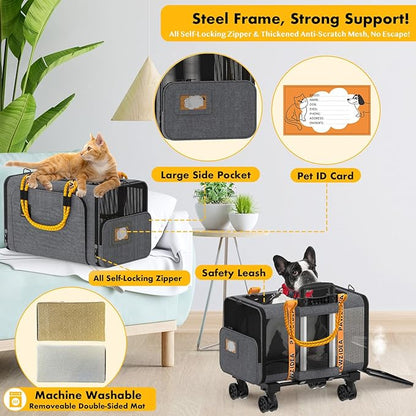 PAWZIDEA Expandable Pet Carrier with Wheels, 18"X11"X11" TSA-Approved Cat Carrier for 2 Cats Under Seat, Soft-Sided Top Load Dog Carrier for Small Dogs Rolling Travel Bag w/Telescopic Handle, ID Card