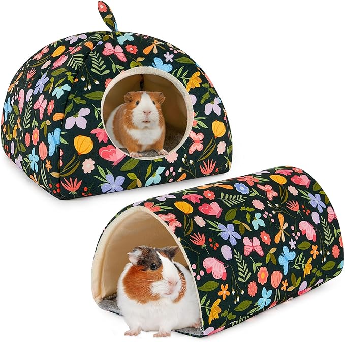 Bienbee Guinea Pig Hideout, Washable Rabbit Bed with Guinea Pig Tunnel, 2 Pack Guinea Pigs Toys Set Bunny Hideout Cage Accessories for Hamster Ferret Rabbits Bunny, Green Flowers