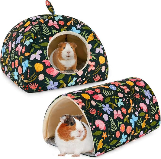 Bienbee Guinea Pig Hideout, Washable Rabbit Bed with Guinea Pig Tunnel, 2 Pack Guinea Pigs Toys Set Bunny Hideout Cage Accessories for Hamster Ferret Rabbits Bunny, Green Flowers