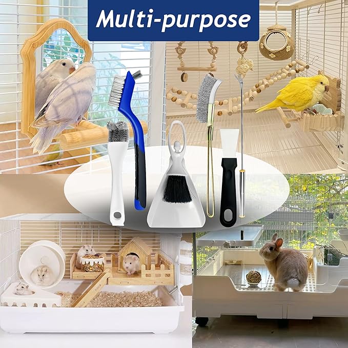 Upgrade 6PCS Cage Cleaner Set,2-in-1 Stainless Steel Pet Cage Brush,Bird Poop Remover,Scraper Tool with Long Handle,Small Animals House Cleaning Accessories,Mini Dustpan and Broom Set (6PCS)