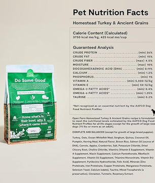 Open Farm, Ancient Grains Dry Dog Food, Protein-Rich & Nutrient Dense, 90% Animal Protein Mixed with Non-GMO Fruits, Veggies and Superfoods, Homestead Turkey Recipe, 4lb Bag