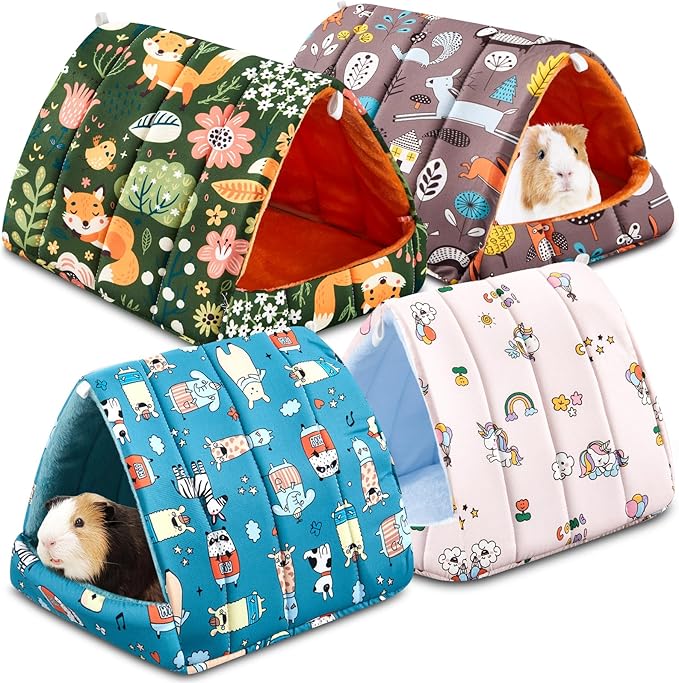 4 Pcs Guinea Pig Hideout, Guinea Pig Bed Tunnel, Rabbit Washable Small House Cage Accessories for Bunny Hedgehog Mouse Chinchillas Hamsters Ferrets Bearded Dragons Rats(Forest,9.8 in)