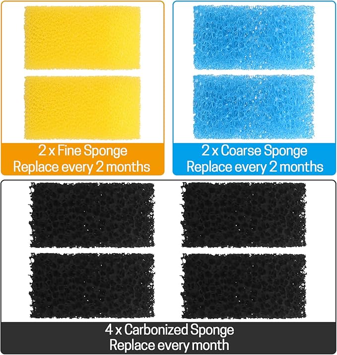 AquaMiracle Aquarium Filter Replacement Sponge, Fish Tank Filter Replacement Parts, Including 2 x Coarse Sponge, 2 x Fine Sponge & 4 x Carbonized Sponge (for Model: QF088/QF188/QF288)