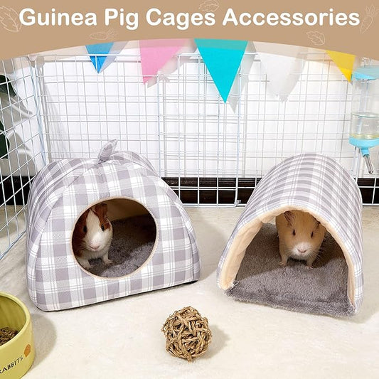 Bienbee Guinea Pig Hideout, Washable Rabbit Bed with Guinea Pig Tunnel, 2 Pack Guinea Pigs Toys Set Bunny Hideout Cage Accessories for Hamster Ferret Rabbits Bunny,Gray Grid