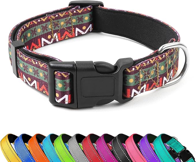 Reflective Dog Collar, Adjustable Soft Neoprene Padded Nylon Pet Collars with Buckle for Puppy and Small Dogs, Cats, Retro Geometric Flowers,L