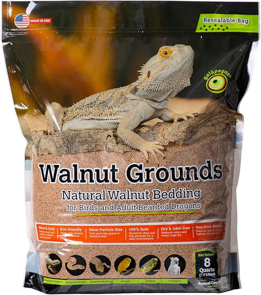 Galápagos (05074) Walnut Bedding Natural Crushed Walnut Shell Substrate - Ideal for Bearded Dragons, Reptiles, Birds, & Terrariums - Absorbent & Easy-to-Clean Reptile Bedding, 8 QT, Natural