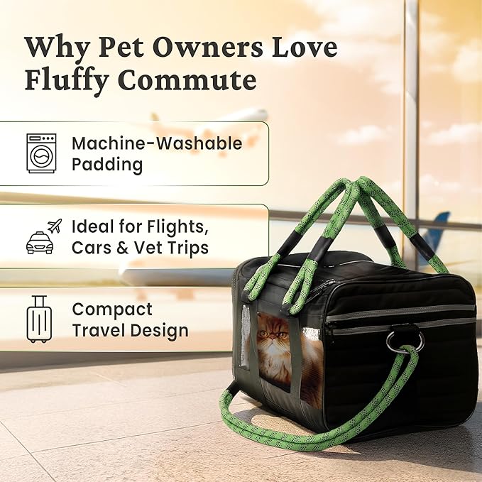 | TSA Airline Approved |Soft Sided Pet Carrier | Cat Carrier | Dog Carrier| Pets Up to 15 lbs | Leash & Luggage Strap | Black with Green Handle