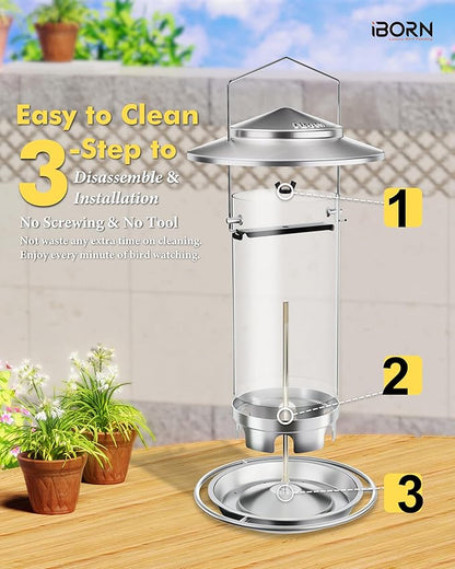 iBorn Metal Bird Feeders for Outdoors,Easy Clean Bird Seed Feeder,Hanging Bird Feeder for Seeds with Gift Box,3-Second Refill Bird Feeder,Nickle 6 Port (Seed is not Included)
